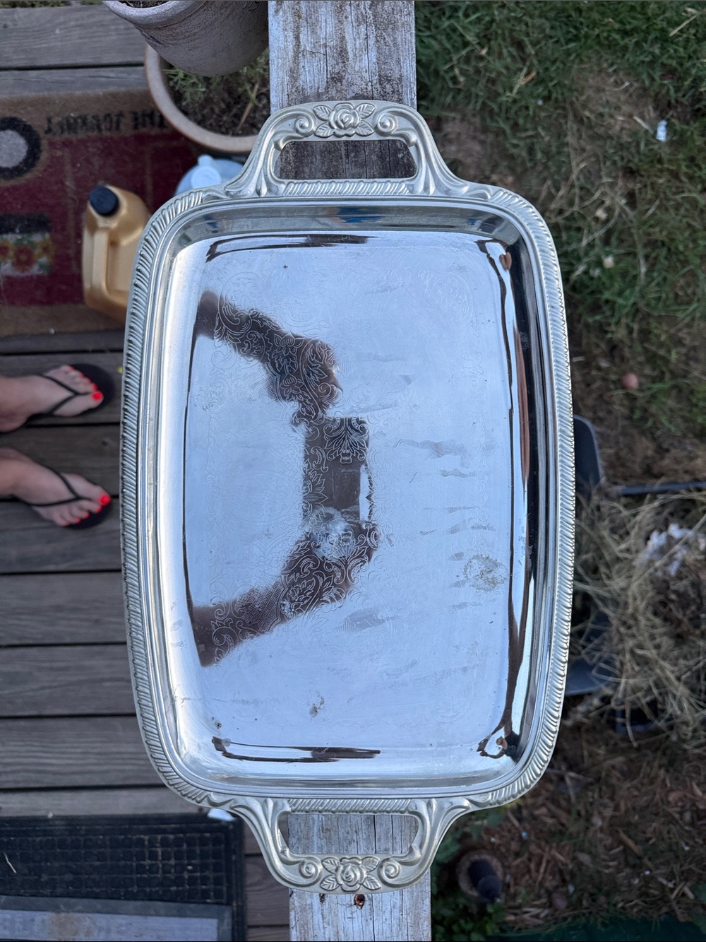 Vintage Ornate Silver-Tone Decorative Serving Tray with decorative handles